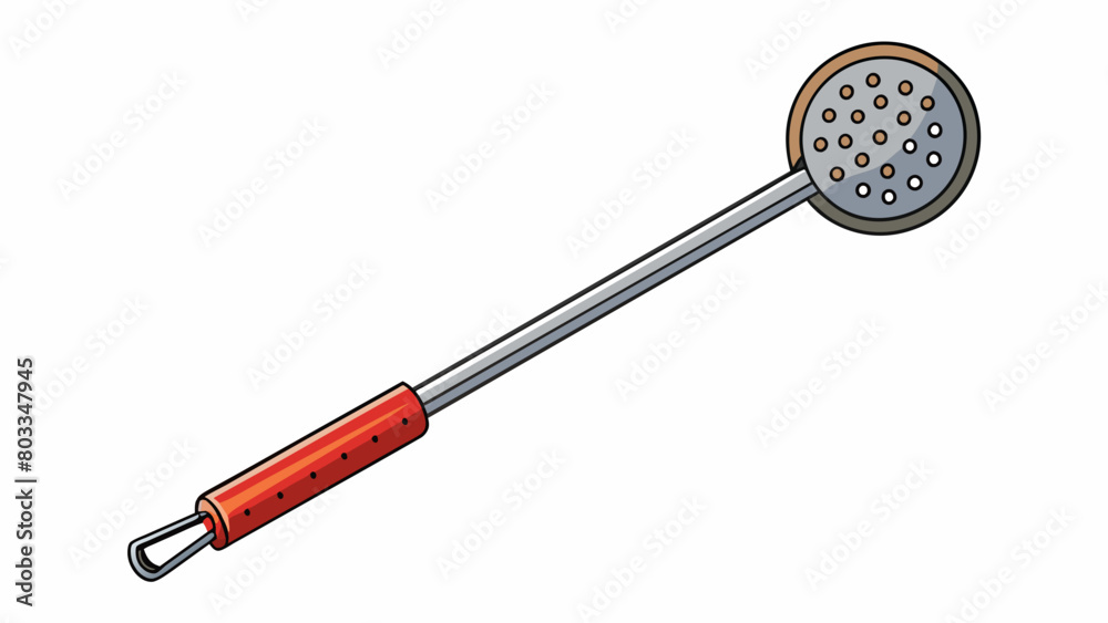 Poster a metal kitchen tool with a long handle and a round flat end. the end has small circular holes and c