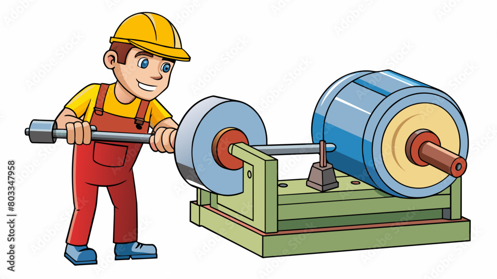 Poster A metal lathe rotating a cylindrical piece of metal while a worker uses a ting tool to remove excess material and create a precise smooth surface. The. Cartoon Vector