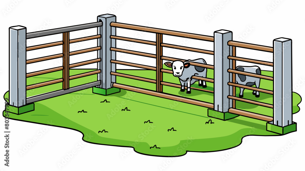 Poster A metal cattle gate made of sy bars and horizontal crosspieces allowing access to a grassy field full of grazing cows.. Cartoon Vector