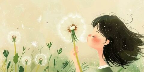 A girl blowing dandelion seeds in a field