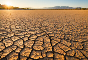 A barren desert landscape with a sun shining on it. The sun is in the sky and the sky is blue