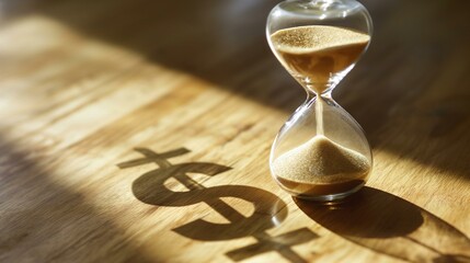 Hourglass with a Dollar Sign Shadow on a Wooden Table Under Sunlight
