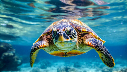 Fototapeta premium A turtle is swimming in the ocean. The turtle is looking up at the camera. The water is clear and blue