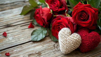 Hand-knit hearts lie next to roses on a rustic wooden surface.