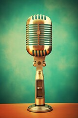 Retro microphone on a table with a green background