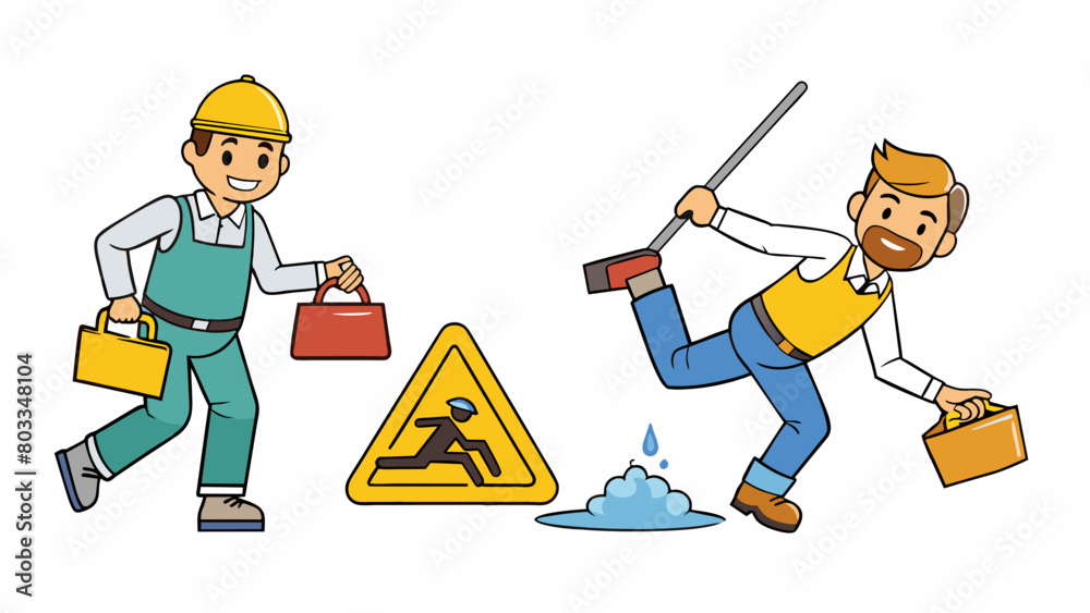 Aufkleber A mock scenario of an employee slipping and falling on a wet floor with a trainer pointing out the hazards and discussing ways to prevent accidents. Cartoon Vector