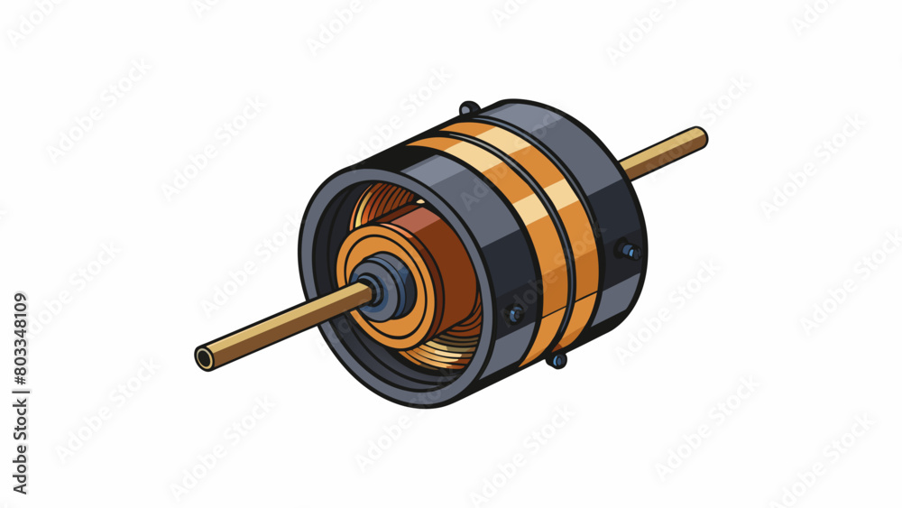 Poster a motor is a cylindrical black plastic casing with a small fan on one end. the inside contains coppe