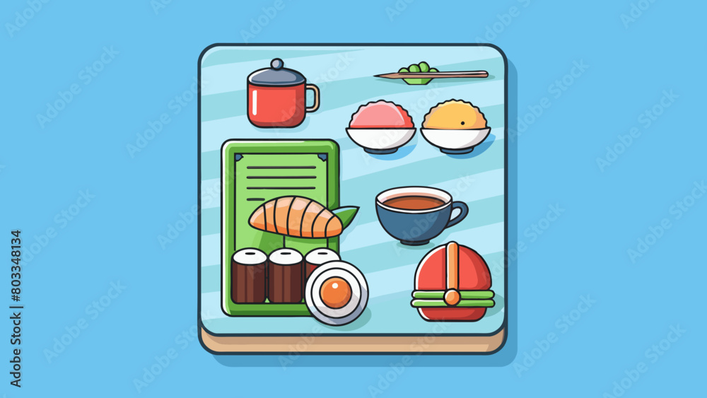 Poster A modern sushi menu with a sleek design and a sleek font. The background is a muted blue with illustrations of different types of sushi rolls sashimi. Cartoon Vector