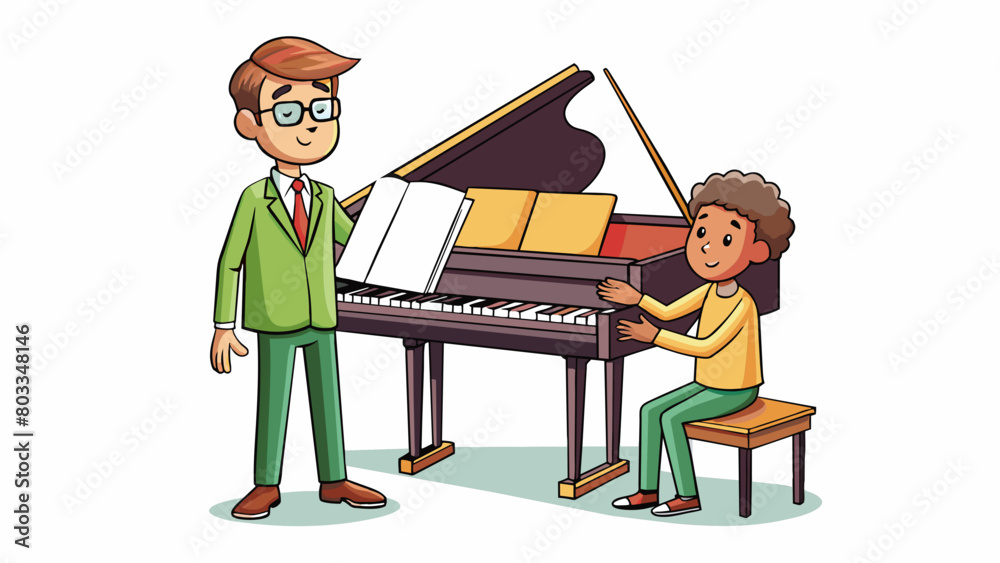 Poster a music lesson session where a student is sitting in front of a piano practicing scales and notes. t