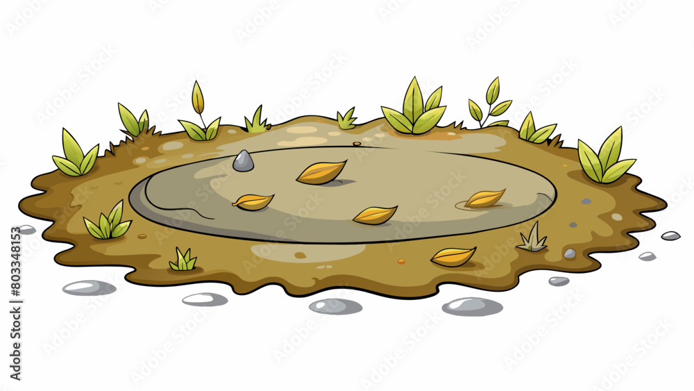 Canvas Prints A muddy puddle reflecting the grey sky above with clumps of dried leaves and grass floating on its surface. It is surrounded by patches of dry cracked. Cartoon Vector