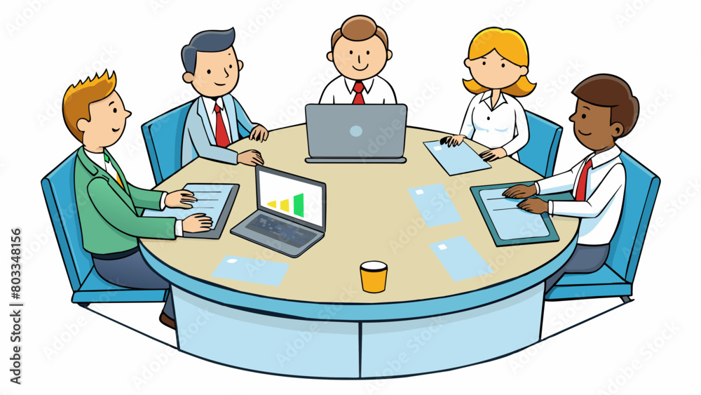 Poster A multinational team of exeives sitting around a conference table discussing strategy and making plans using laptops and presentation slides.. Cartoon Vector