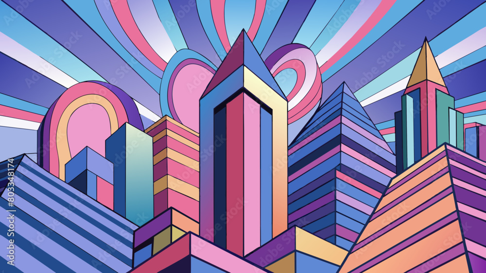 Poster An abstract painting of a cityscape with bold geometric shapes and electric contrasting colors. The buildings appear tall and angular with sharp edges. Cartoon Vector