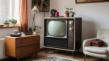 Television put on a wooden table, with a white backdrop and an old TV and metal jar resting on a wooden drawer chest. wall background that has faded. An old country house's interior from the 20th cent