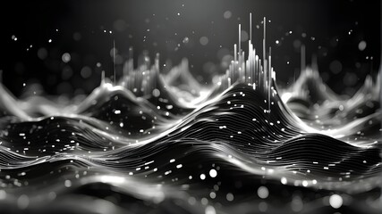 Network technology backdrop futuristic tech silver wave background, ideal for raves, clubs, and concerts. Black abstract sound wave background. Digital minimalist white point landscape 3d abstract gra