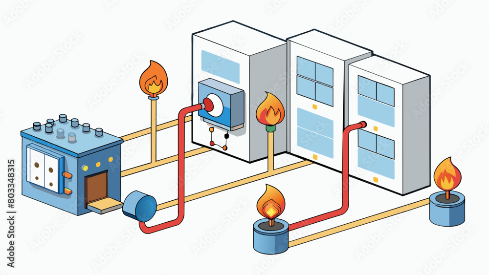 Poster A network of pipes running throughout a building connected to a central control panel. When a fire is detected the control panel activates the system. Cartoon Vector