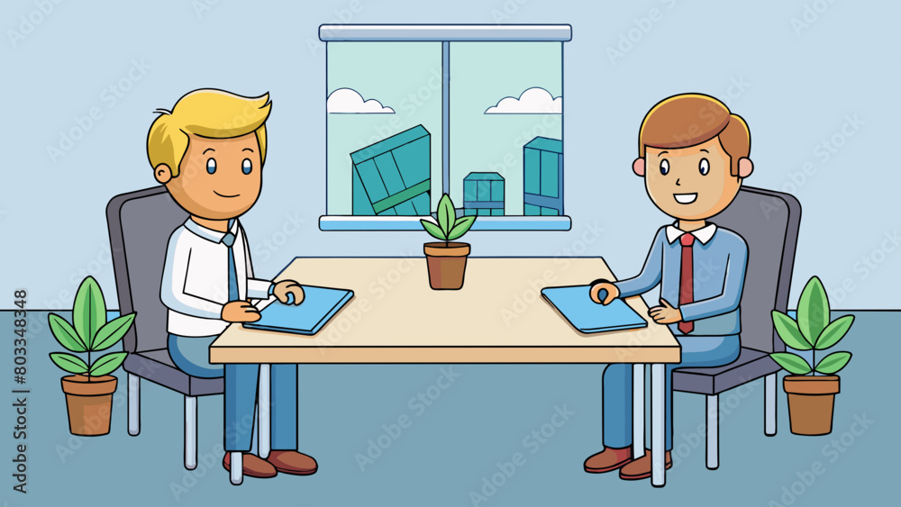 Poster an employer and employee sitting across from each other in a conference room discussing salary and b