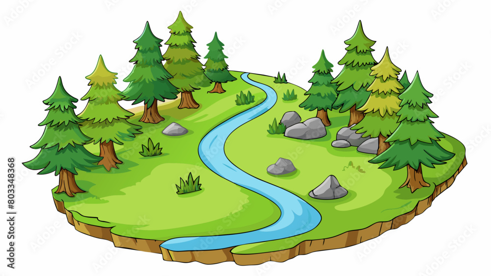 Poster An image of a rugged hiking trail winding through a lush forest with towering trees and a gentle babbling brook.. Cartoon Vector