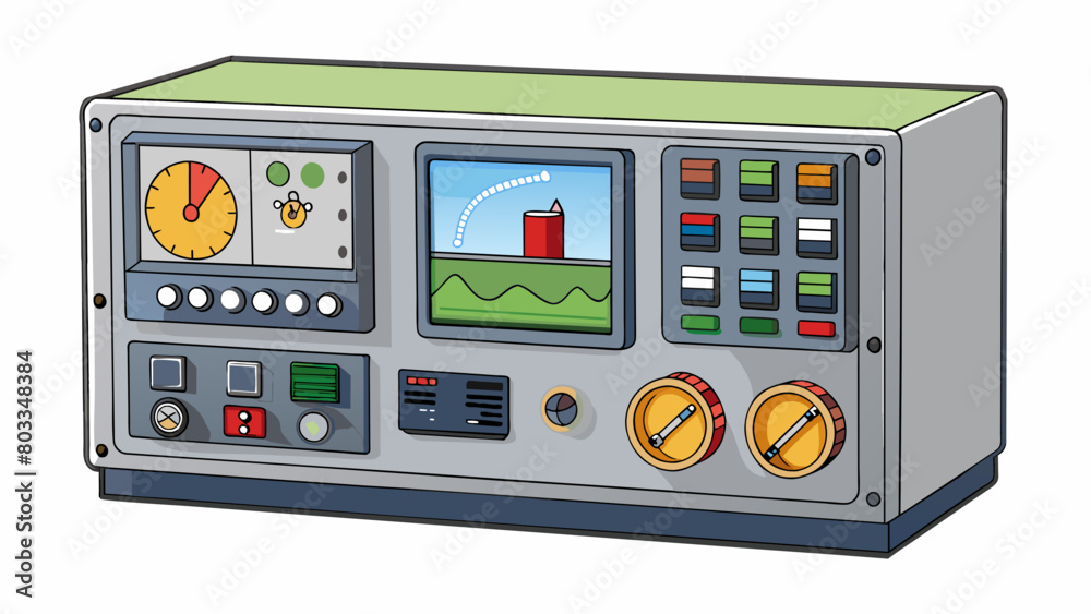 Fototapete An industrial control panel with a robust builtin computer system. It has a rugged metal casing with a wide viewing window displaying realtime data. Cartoon Vector