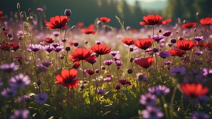 field of flowers with different shapes and pink and red colors in the morning - Powered by Adobe