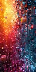 Colorful 3D Illustration of a Cityscape with Floating Cubes