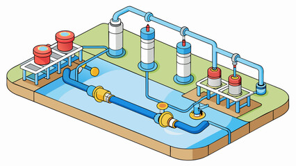 A network of pipes and valves in a water treatment plant distributing clean safe water to homes and businesses in the area. The pipes are carefully. Cartoon Vector