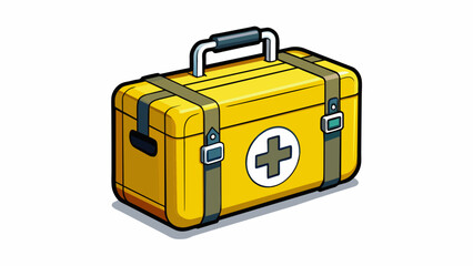 An industrial first aid kit with a bright yellow exterior and a bold black cross. It is stocked with heavyduty items like a tourniquet ammonia. Cartoon Vector