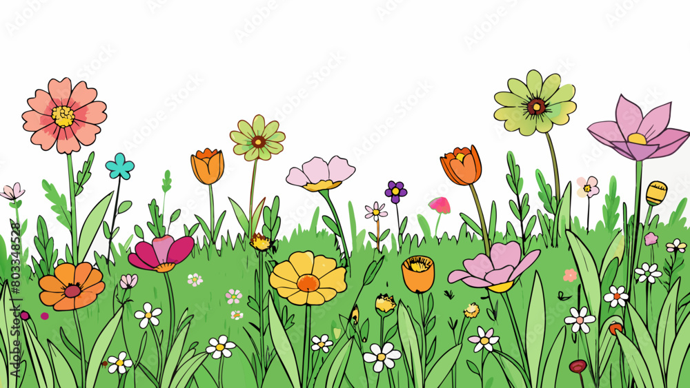 Poster An open field of wildflowers swaying gently in the breeze as they grow and bloom without boundary.. Cartoon Vector
