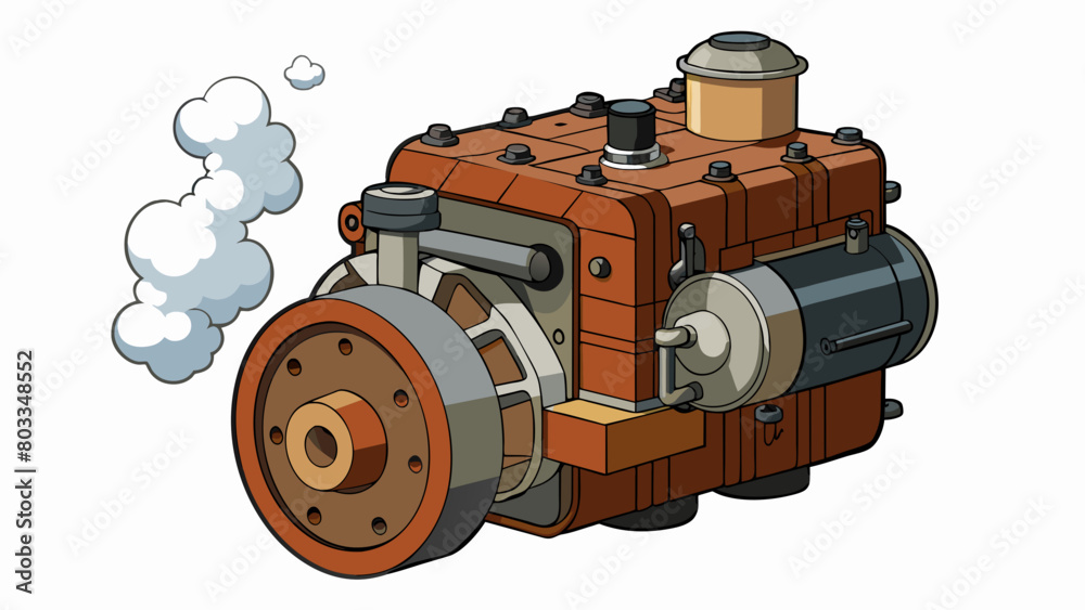 Poster An old rusted engine with a bulky blocklike structure crafted from heavy iron and showing signs of wear and tear. It runs on a basic crankshaft system. Cartoon Vector