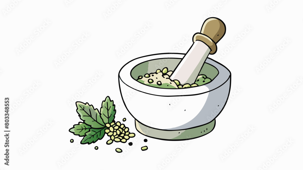 Poster an oldfashioned stone mortar and pestle with crushed herbs and es tered around it. a person grips th