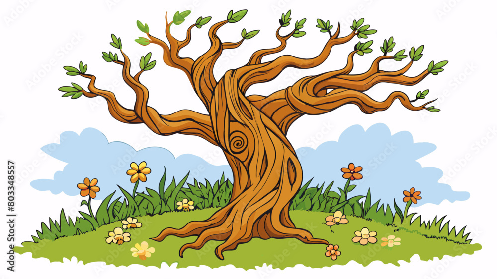 Poster an old weathered tree stands tall amidst a field of wildflowers its thick trunk gnarled and twisted 