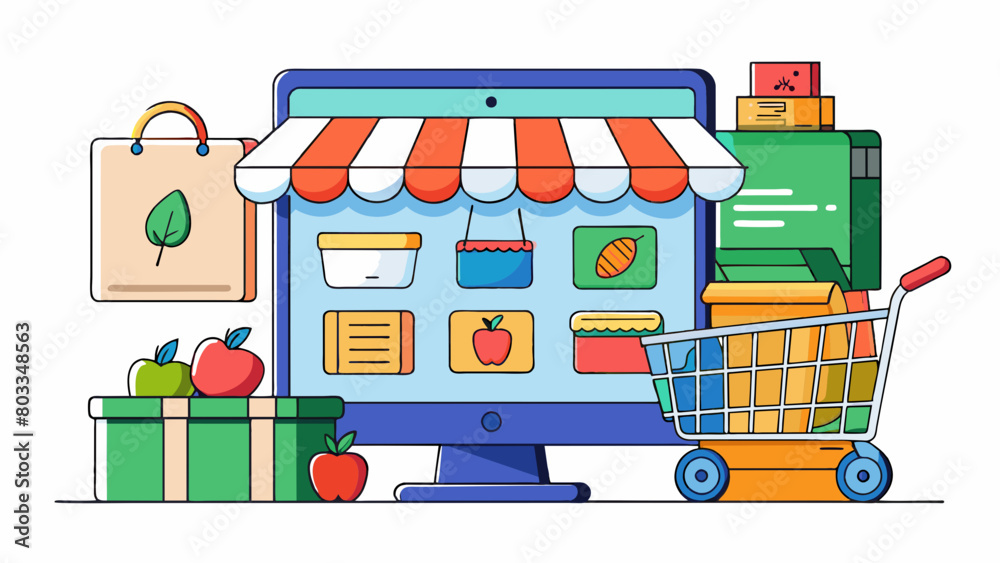 Poster An online grocery delivery service offering a wide range of items on their website. Customers can browse through a virtual store add products to their. Cartoon Vector