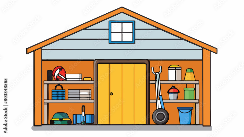 Poster An orderly garage with specialized storage containers lining the walls. Each container is labeled and stacked according to its type from hardware. Cartoon Vector