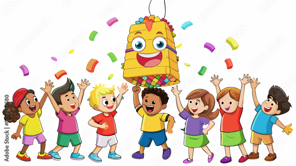 Poster an overflowing pi ata filled with candy and toys hanging above a group of eager kids with outstretch