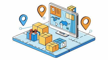An online tracking system allows customers to monitor their packages journey from start to finish. The system shows realtime updates of the packages. Cartoon Vector