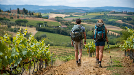 Young couple hiking on beautiful vineyard