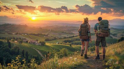 Young couple on beautiful vineyard, sunset