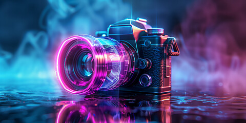 Futuristic Vision: Vibrant Neon Pink Camera Lens Illuminated in a Surreal Blue Misty Setting