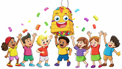 Fototapeta premium An overflowing pi ata filled with candy and toys hanging above a group of eager kids with outstretched arms bouncing on their toes and chanting for. Cartoon Vector