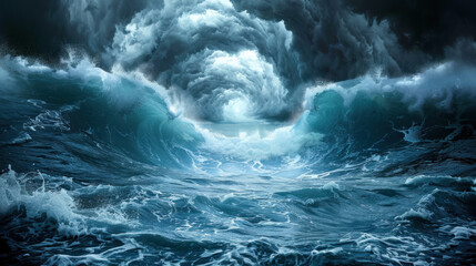 Supernatural arch of blue clouds over water surface