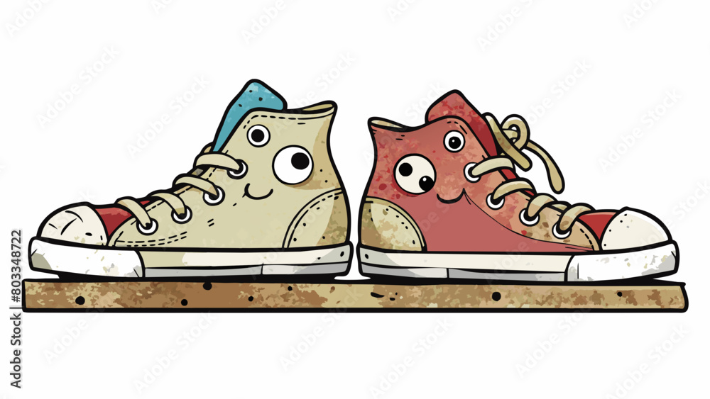 Poster a pair of old sneakers wellworn and tattered sat side by side on a shelf. despite their worn appeara