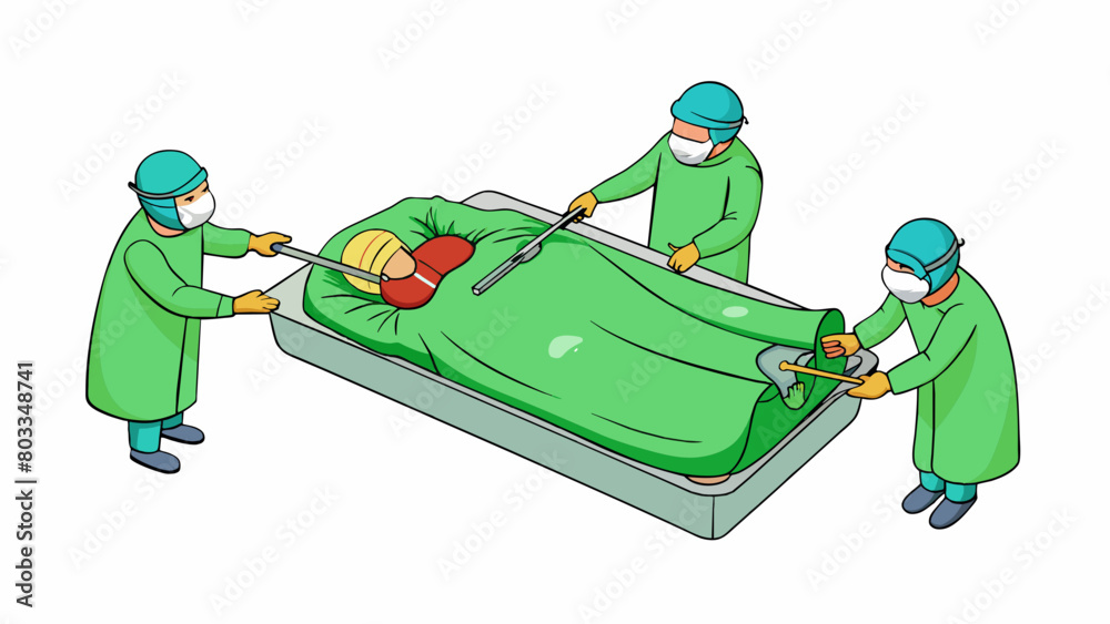Poster a patients body is dd with a green surgical cloth leaving only the area being operated on exposed. t