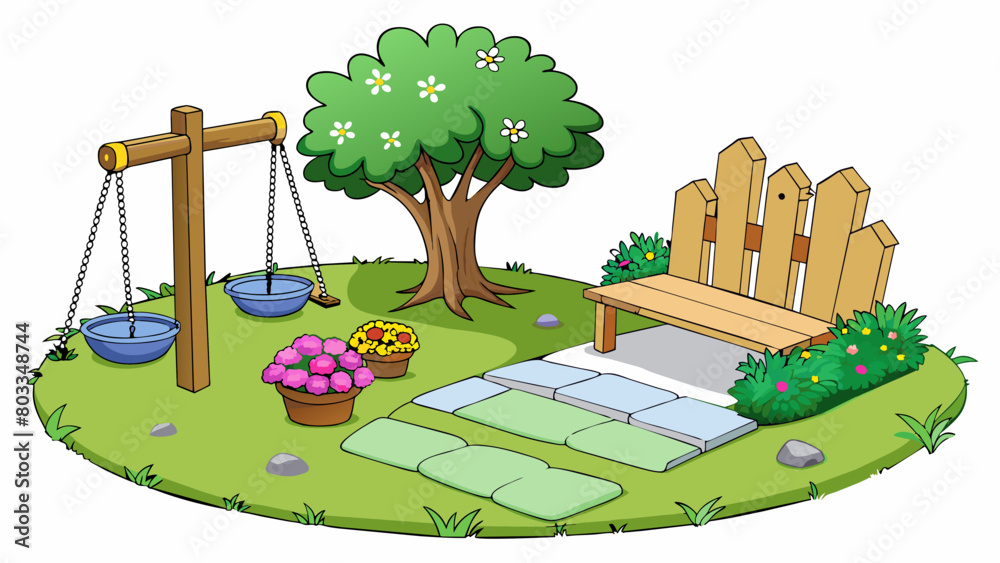 Poster A peaceful backyard garden with a stone path colorful flowers blooming in raised beds and a wooden swing hanging from a tall tree.. Cartoon Vector