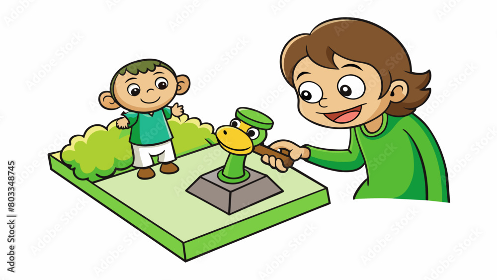 Poster a parent hands their child a foam stamp in the shape of a playful monkey. the little one dips the st