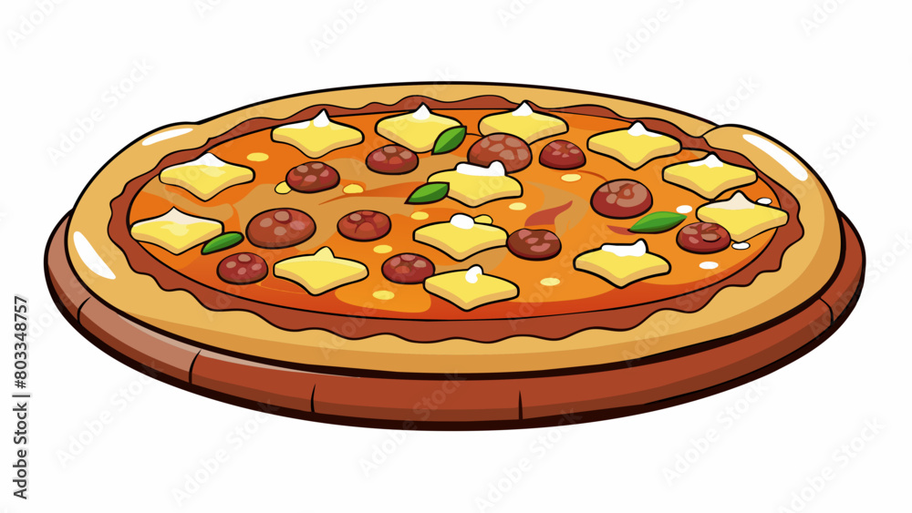 Poster A personalsized round pizza with a thick crust smothered in zesty BBQ sauce tender chunks of pulled pork and sweet and tangy pineapple.. Cartoon Vector