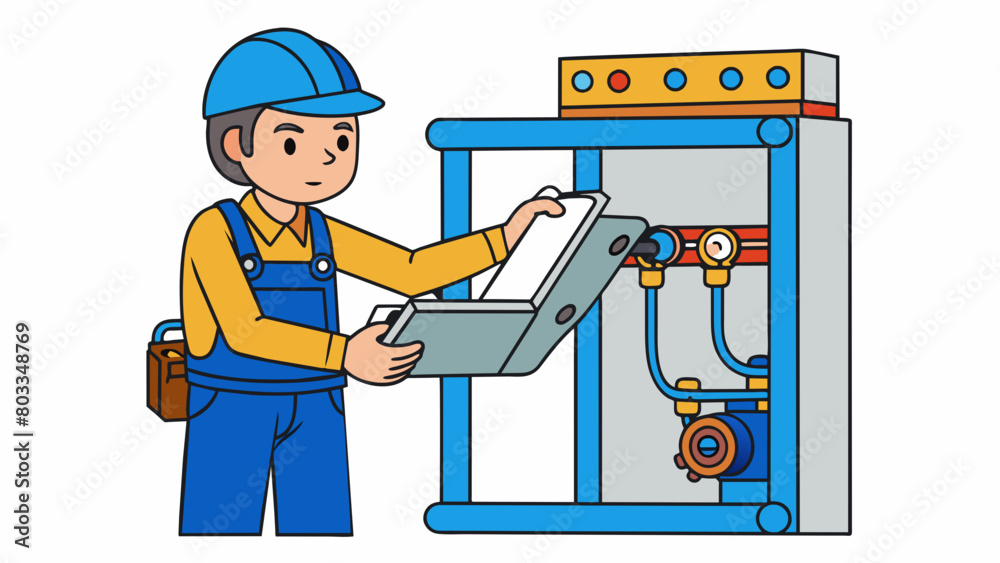 Poster a person wearing a blue work vest leans into a metalframed machine carefully examining the wires and