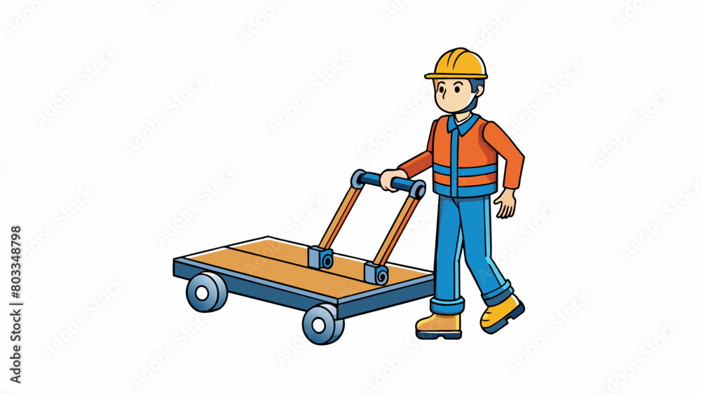 Poster a person using a dolly to transport heavy equipment from one part of a construction site to another.