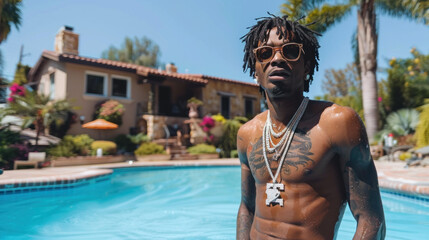 Rich rapper on his expensive villa, poolside shot