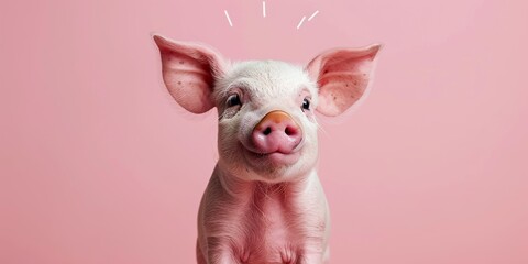 Cute pig on pink background, banner poster and card
