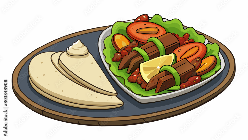 Aufkleber A plate of sizzling fajitas with strips of marinated meat and saut ed peppers and onions. The meat is perfectly charred and tender and the vegetables. Cartoon Vector