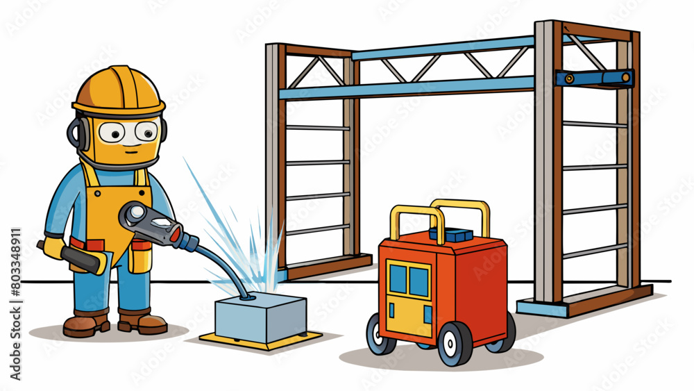 Poster A portable welding machine is brought to a construction site where it is used to join steel beams together. The joints are reinforced and strengthened. Cartoon Vector